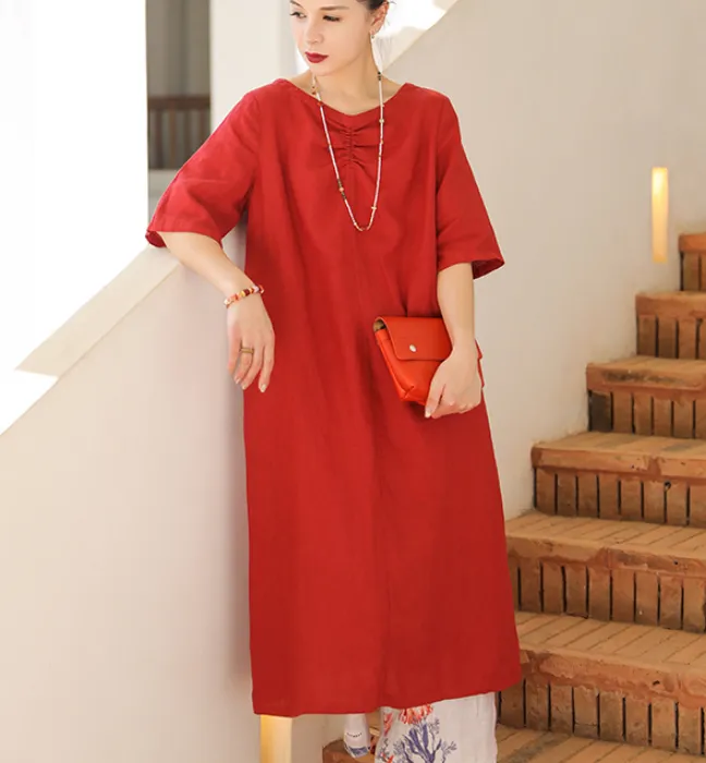 Linen Soft Washed Summer Linen Women Dresses Short Sleeve 6292