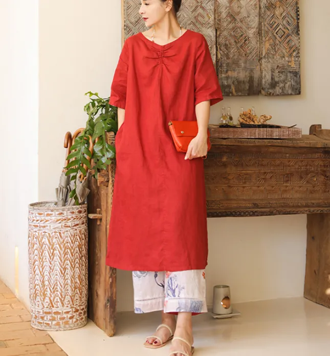 Linen Soft Washed Summer Linen Women Dresses Short Sleeve 6292