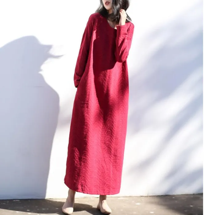 Long Sleeve Jacquard Linen Cotton O Neck Women Dress