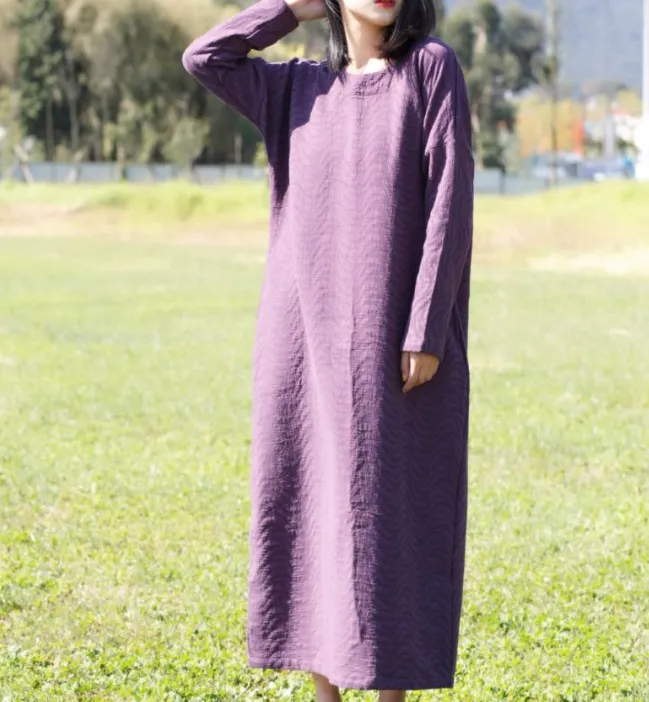 Long Sleeve Jacquard Linen Cotton O Neck Women Dress