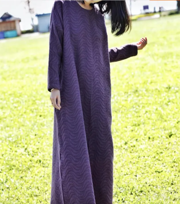 Long Sleeve Jacquard Linen Cotton O Neck Women Dress