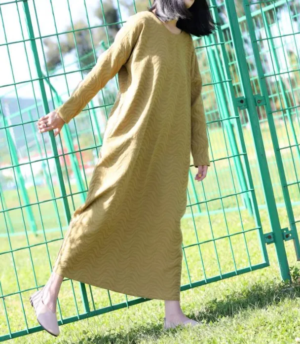 Long Sleeve Jacquard Linen Cotton O Neck Women Dress