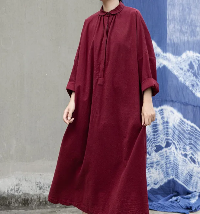 Long Sleeve Linen Loose Label Collar Women Dresses