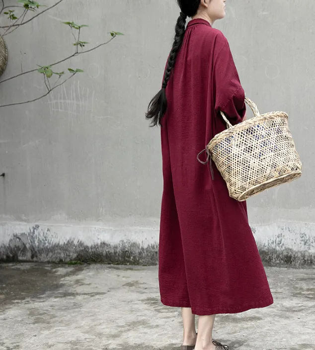 Long Sleeve Linen Loose Label Collar Women Dresses