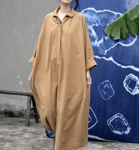 Long Sleeve Linen Loose Label Collar Women Dresses