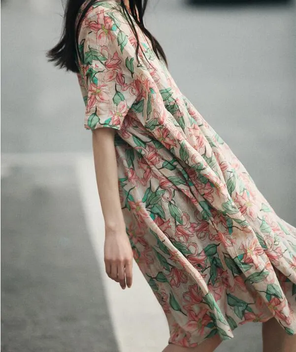 Loose  Floral Linen Short  Sleeve Dress Women Dress SJP9201229