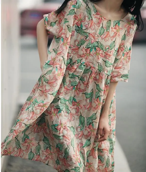 Loose  Floral Linen Short  Sleeve Dress Women Dress SJP9201229