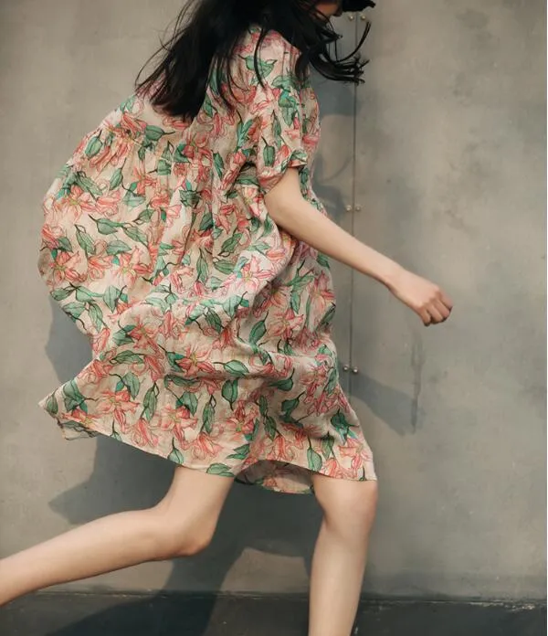 Loose  Floral Linen Short  Sleeve Dress Women Dress SJP9201229