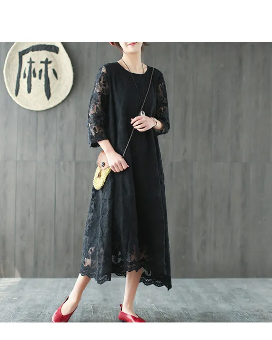 Loose Long Sleeve Lace O Neck Plus Size Women Dress