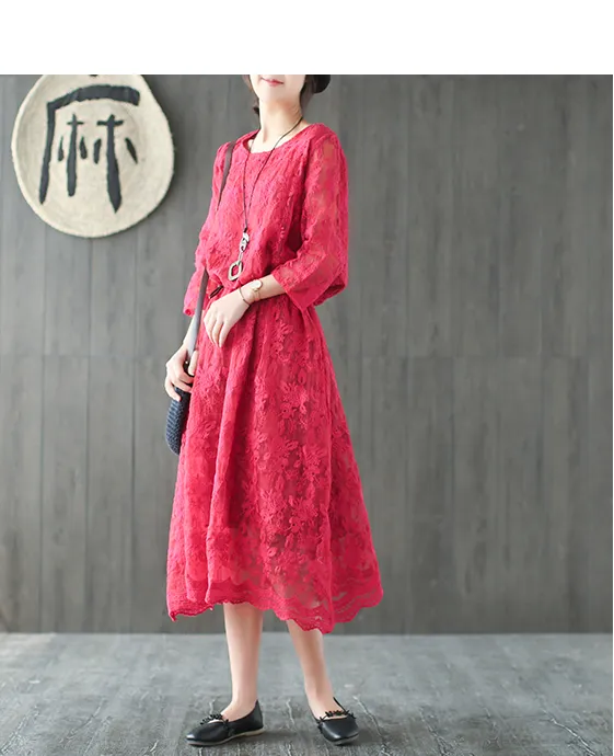 Loose Long Sleeve Lace O Neck Plus Size Women Dress