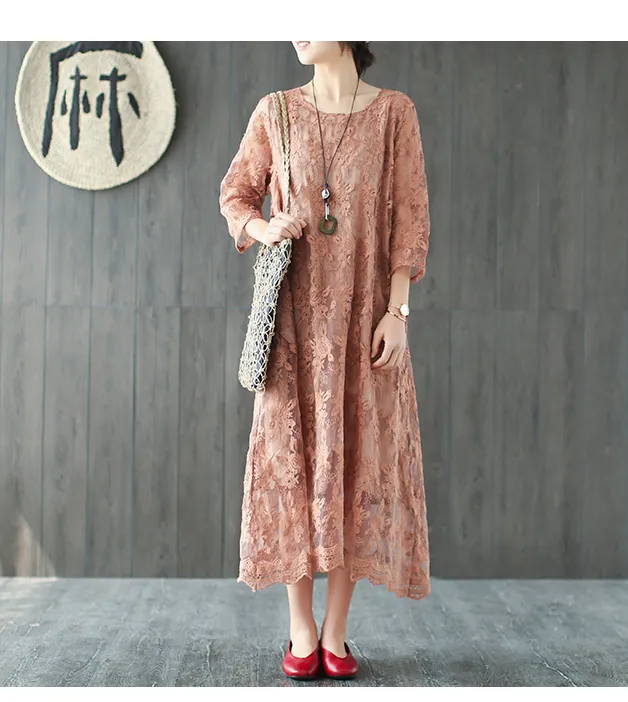 Loose Long Sleeve Lace O Neck Plus Size Women Dress