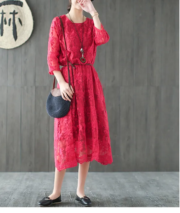 Loose Long Sleeve Lace O Neck Plus Size Women Dress