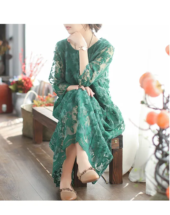 Loose Long Sleeve Lace O Neck Plus Size Women Dress