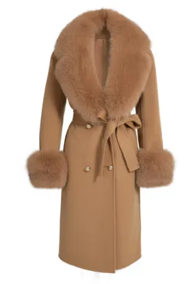 LORINA Camel Cashmere Midi Coat with Fox Fur