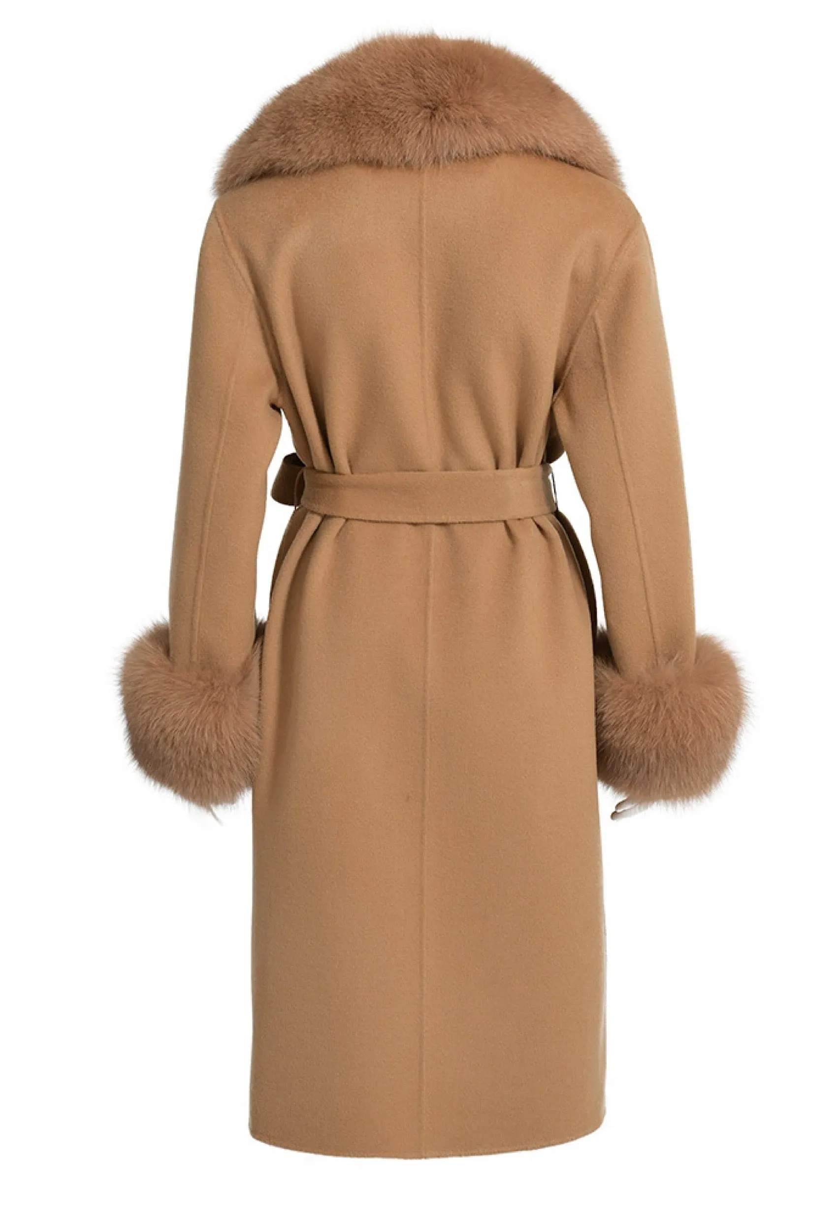 LORINA Camel Cashmere Midi Coat with Fox Fur