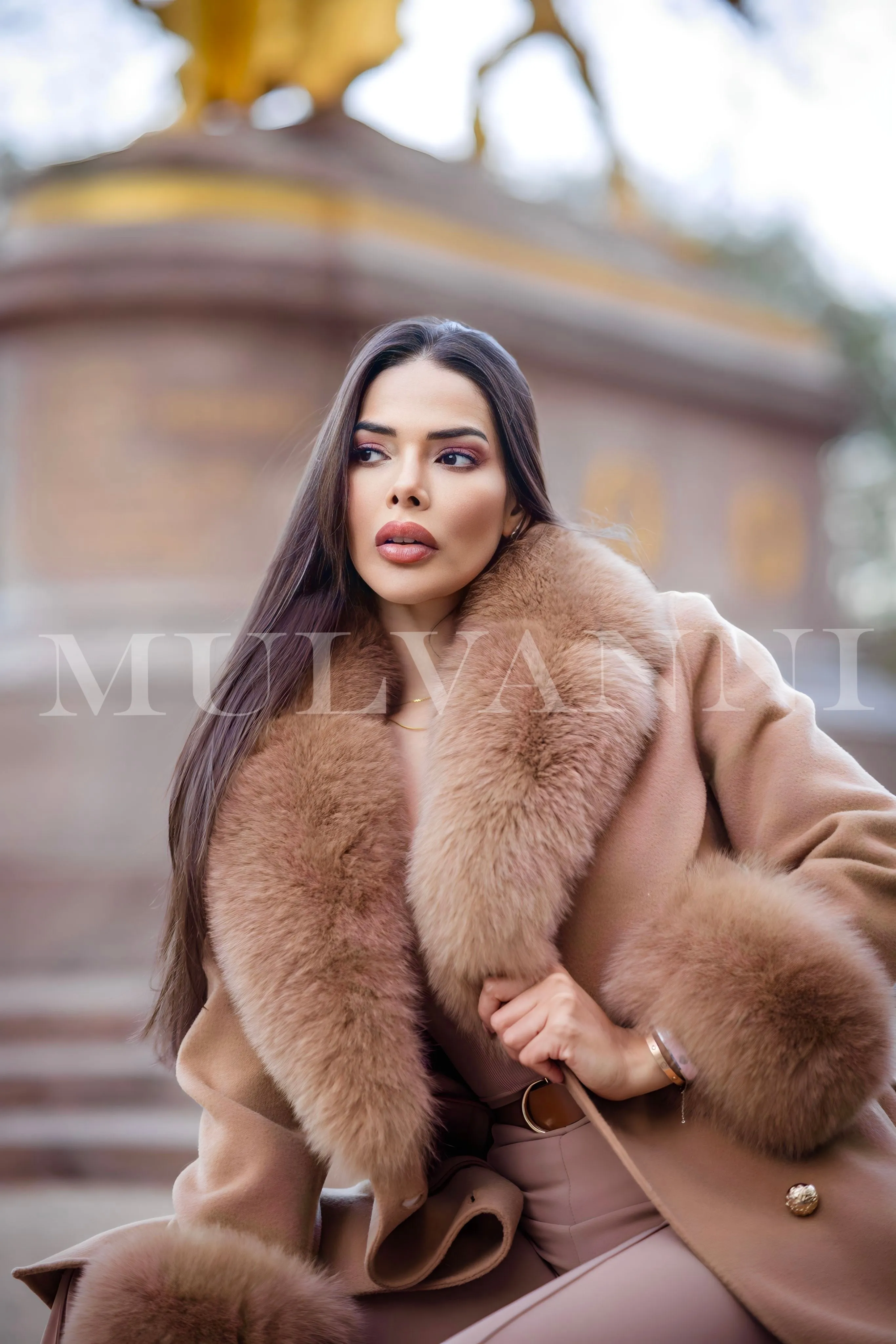 LORINA Camel Cashmere Midi Coat with Fox Fur