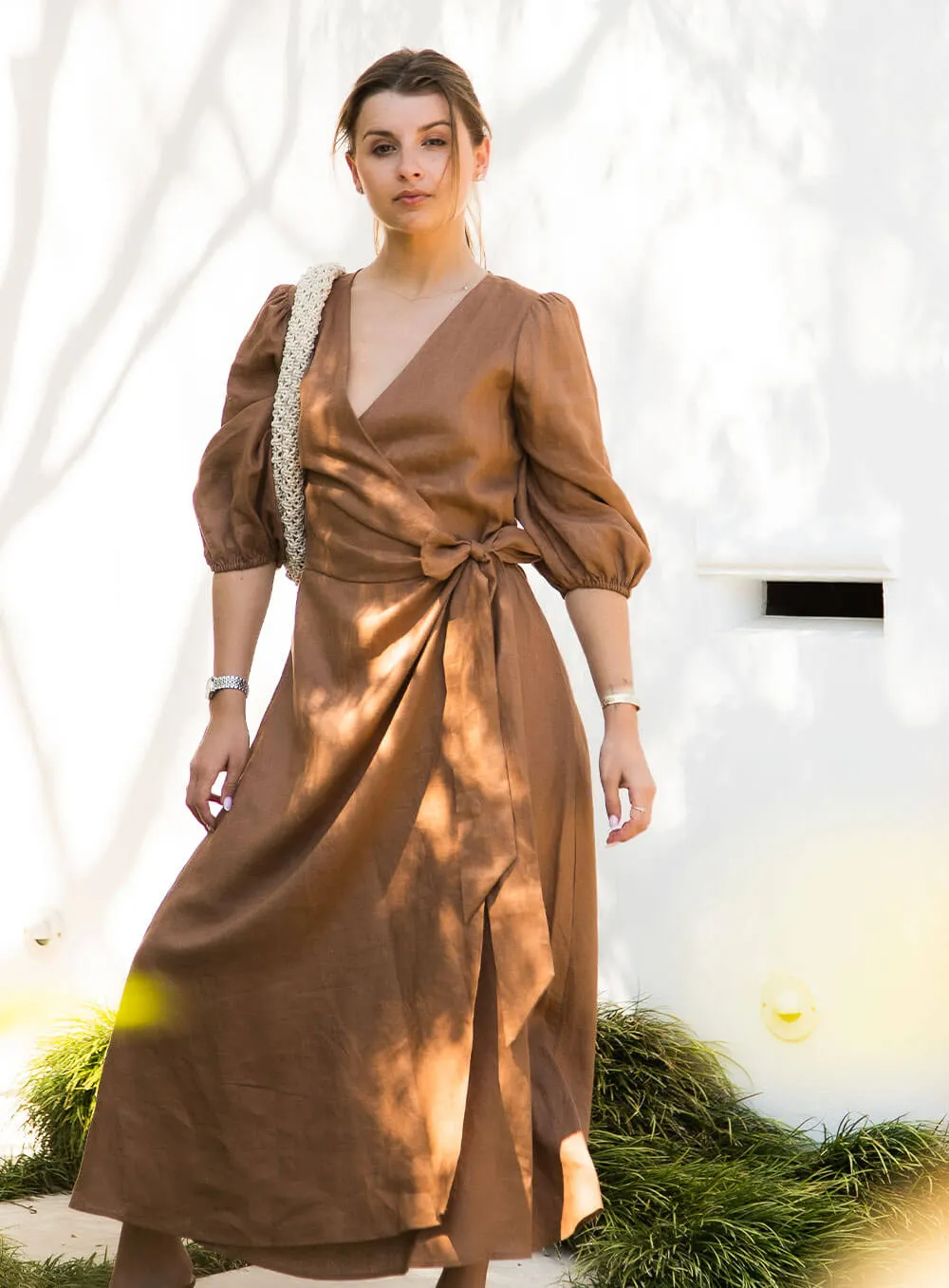 Lydia Linen Wrap Dress-Cocoa