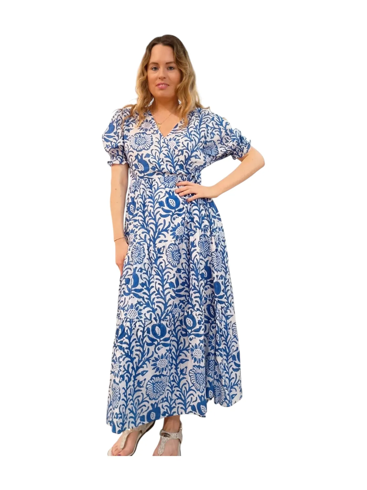 Melange - Indian Block Print Wrap Midi Dress - Indigo