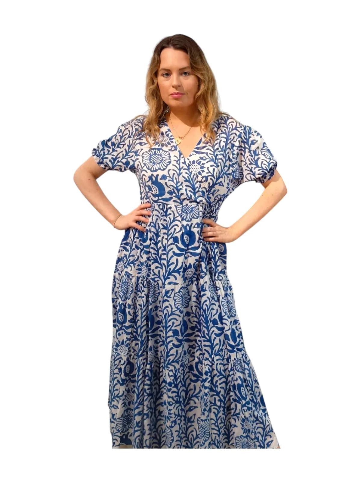 Melange - Indian Block Print Wrap Midi Dress - Indigo