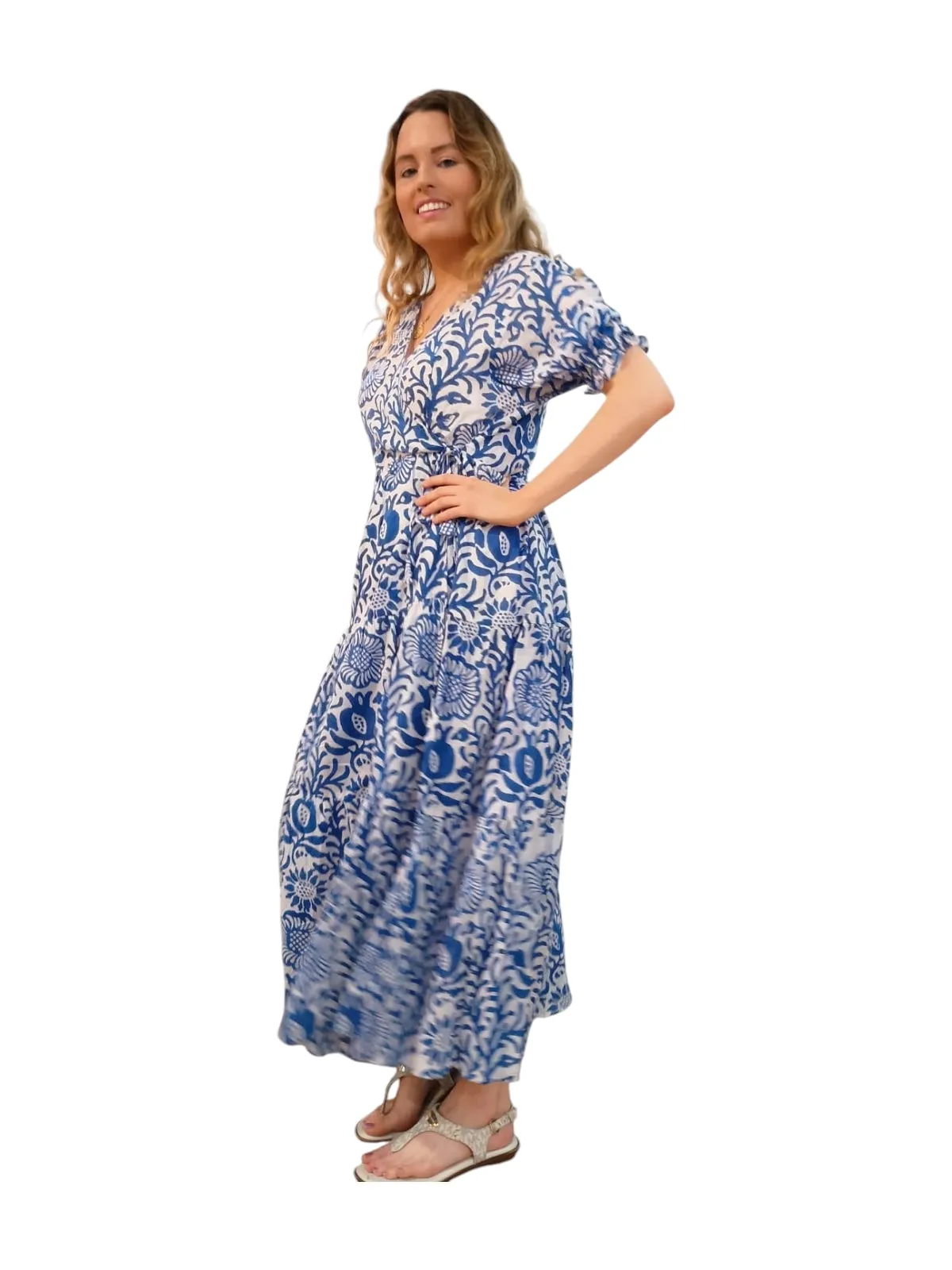 Melange - Indian Block Print Wrap Midi Dress - Indigo