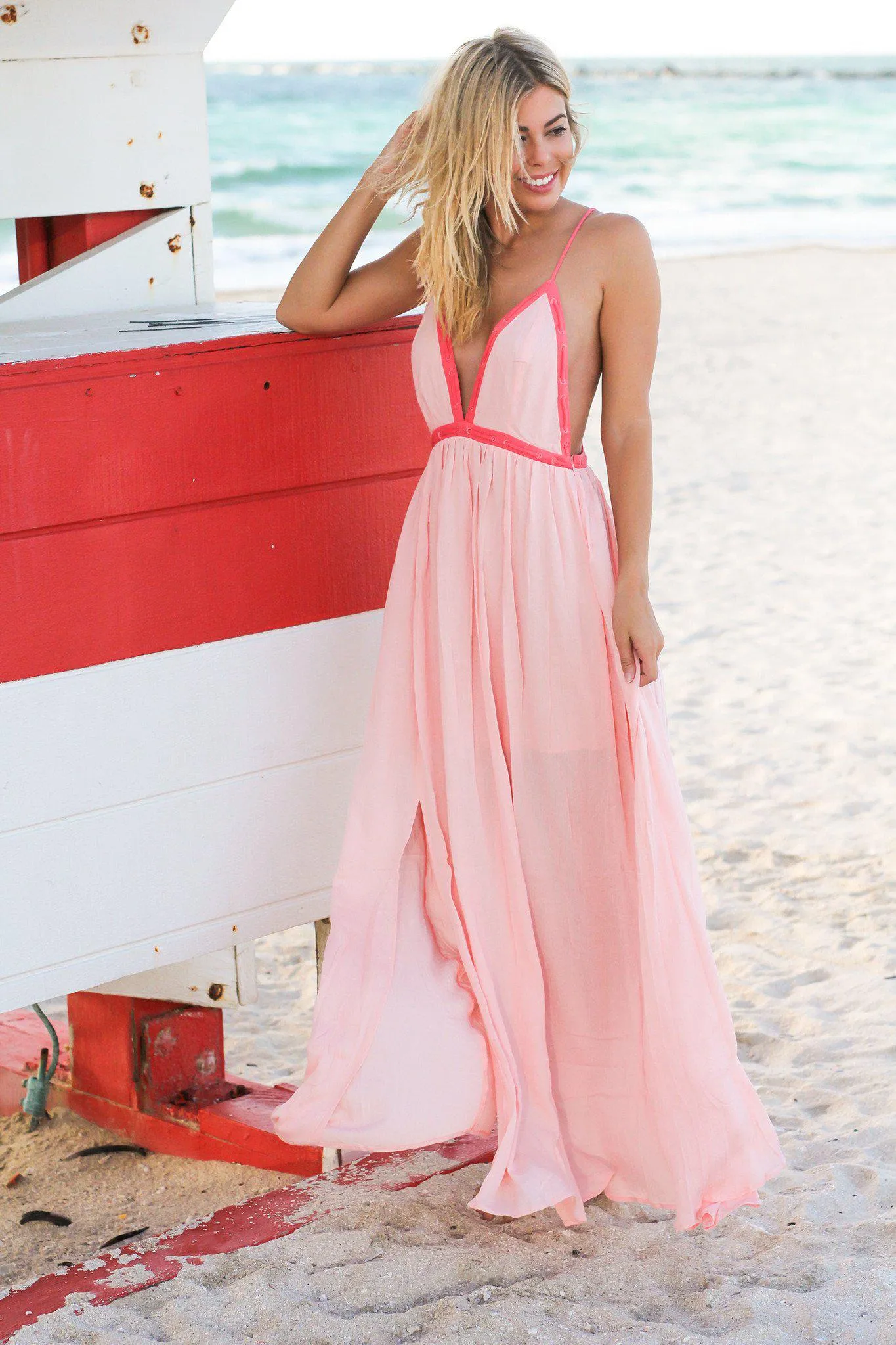 Melon Maxi Dress with Criss Cross Back