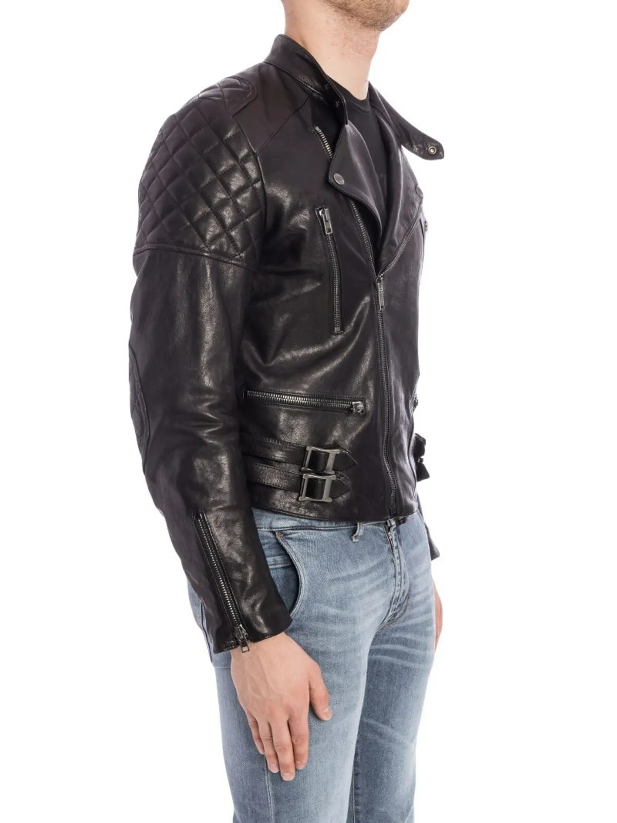 Men’s Black Classic Diamond Biker Leather Jacket With Skull