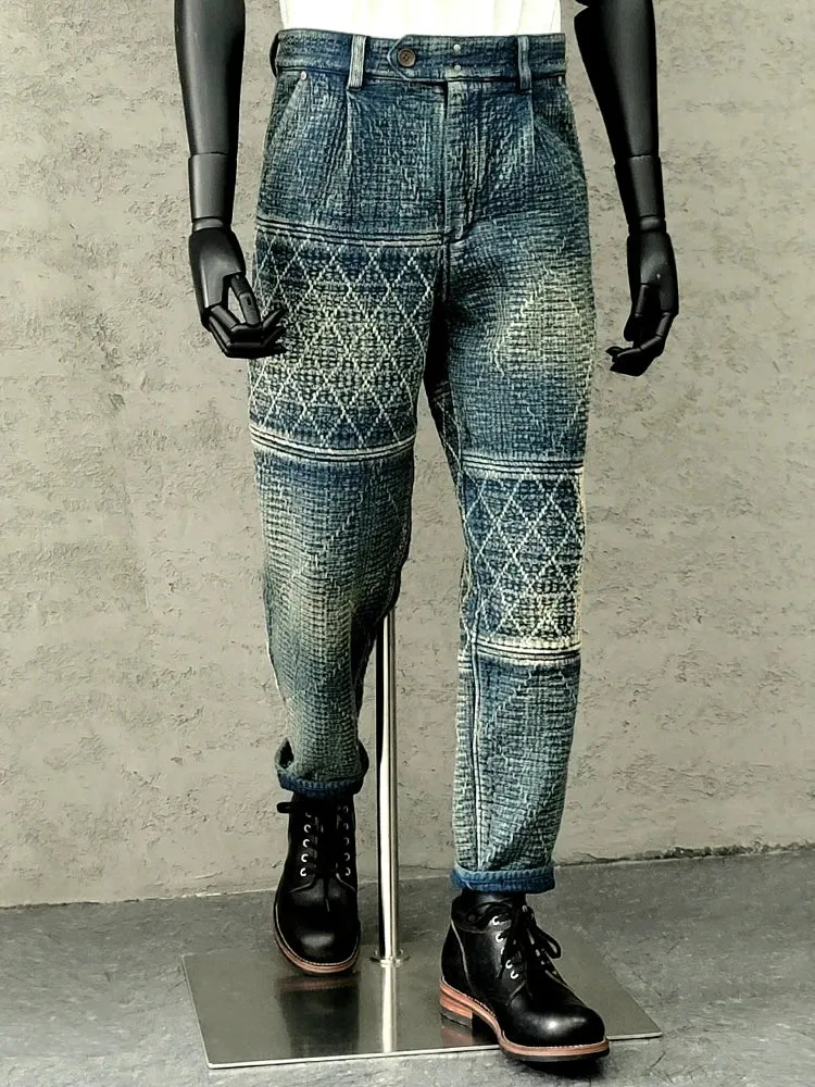 Men's Distressed Sashiko Tapered Pants Patchwork Japanese Style Trousers