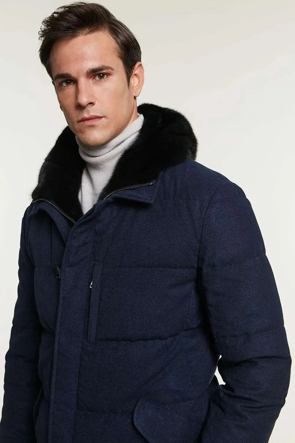 Mens down coat with fur hood