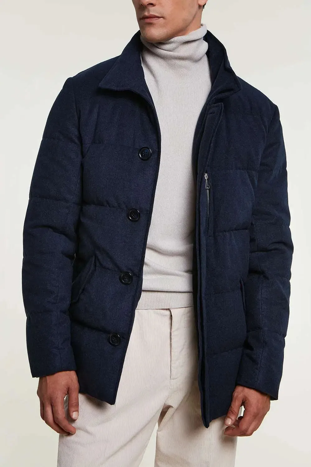 Mens down coat with fur hood