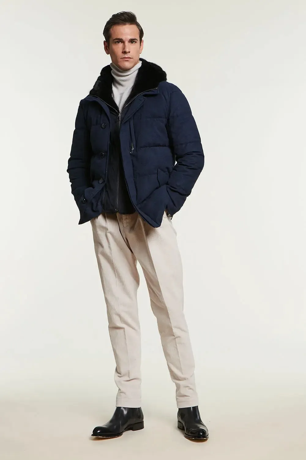 Mens down coat with fur hood