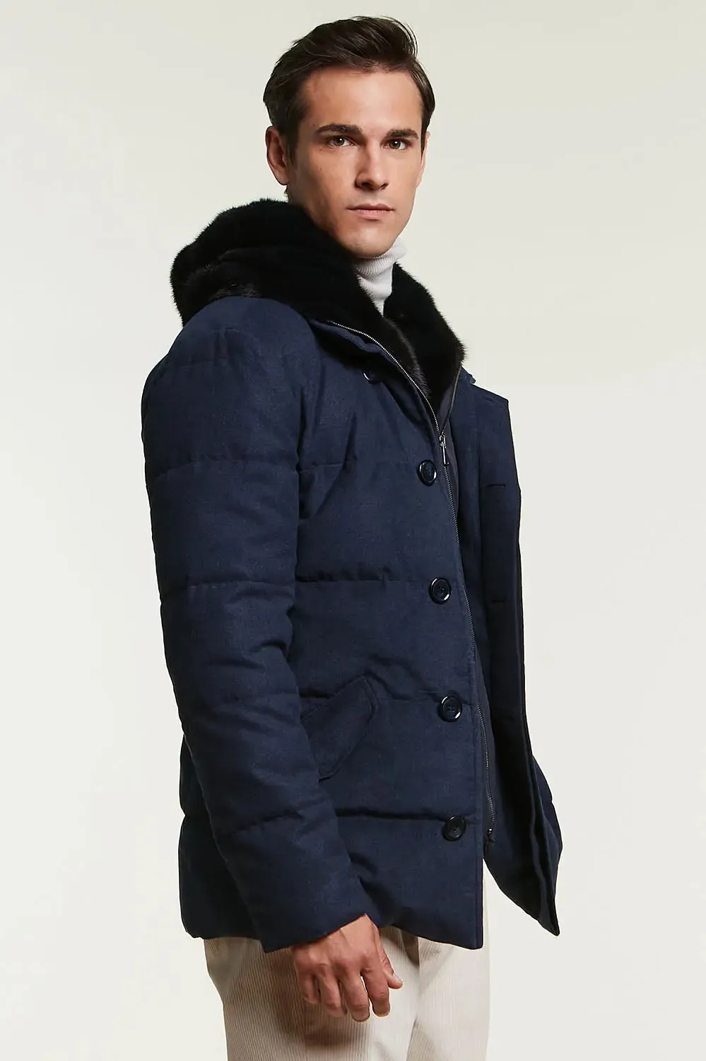 Mens down coat with fur hood