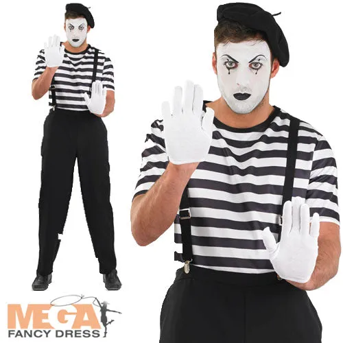 Mens French Clown Mime Street Artist Circus Carnival Costume