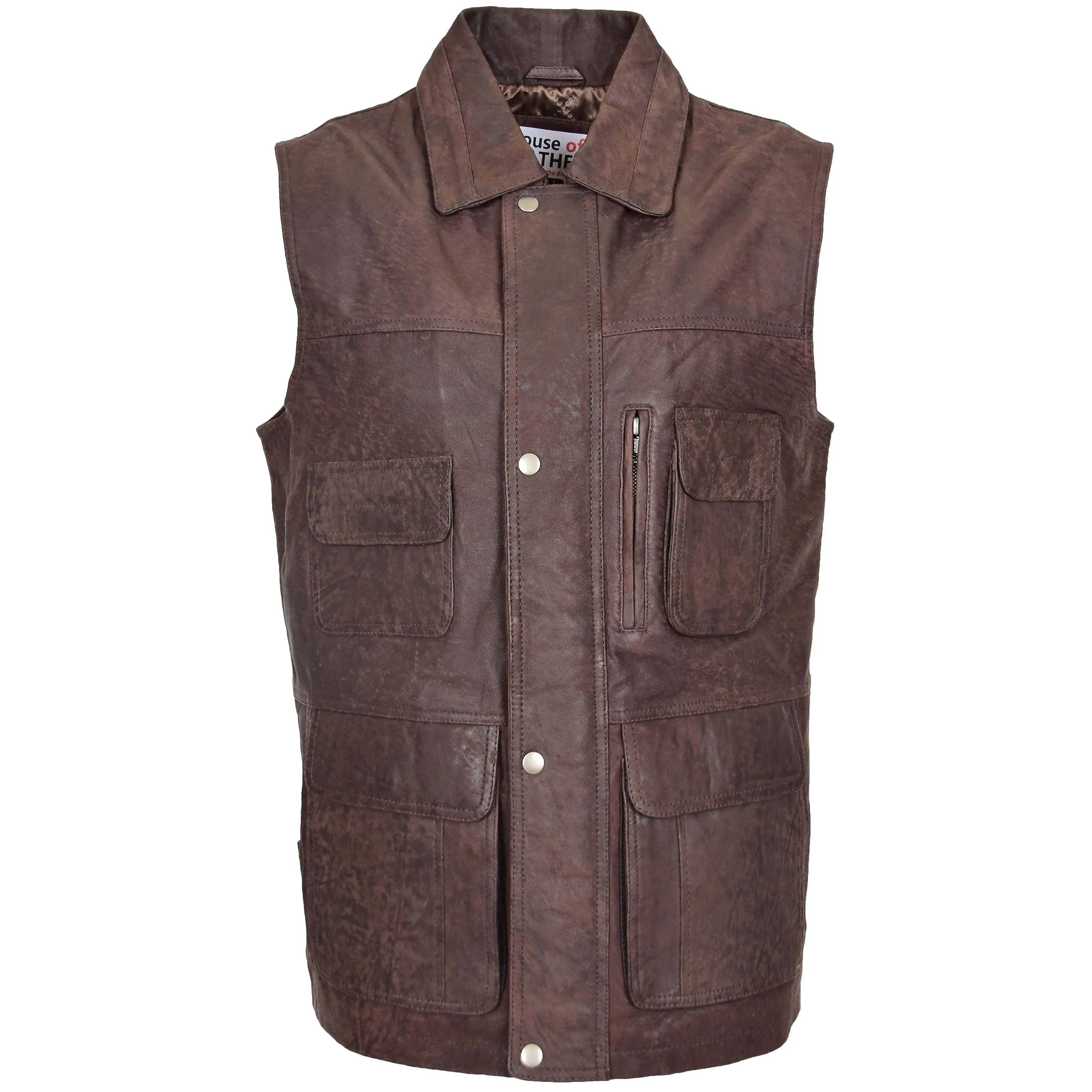 Mens Leather Multi Purpose Gilet Roger Brown