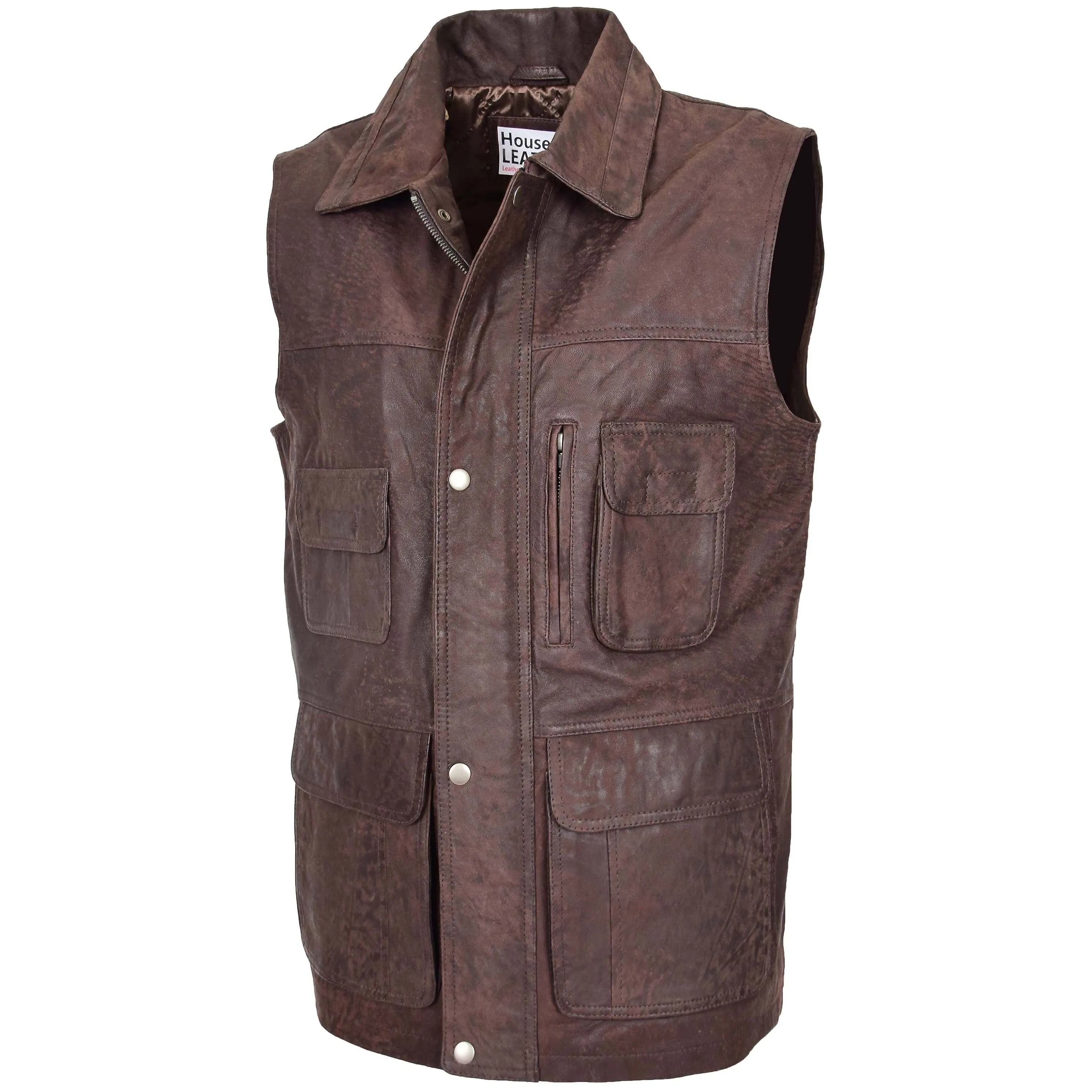 Mens Leather Multi Purpose Gilet Roger Brown