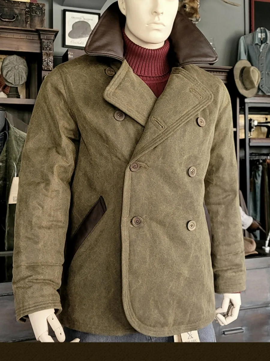 Men's Pea Coat Leather Patchwork