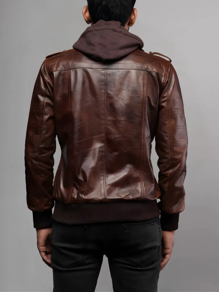 Mens Removable Hood Bomber Leather Jacket