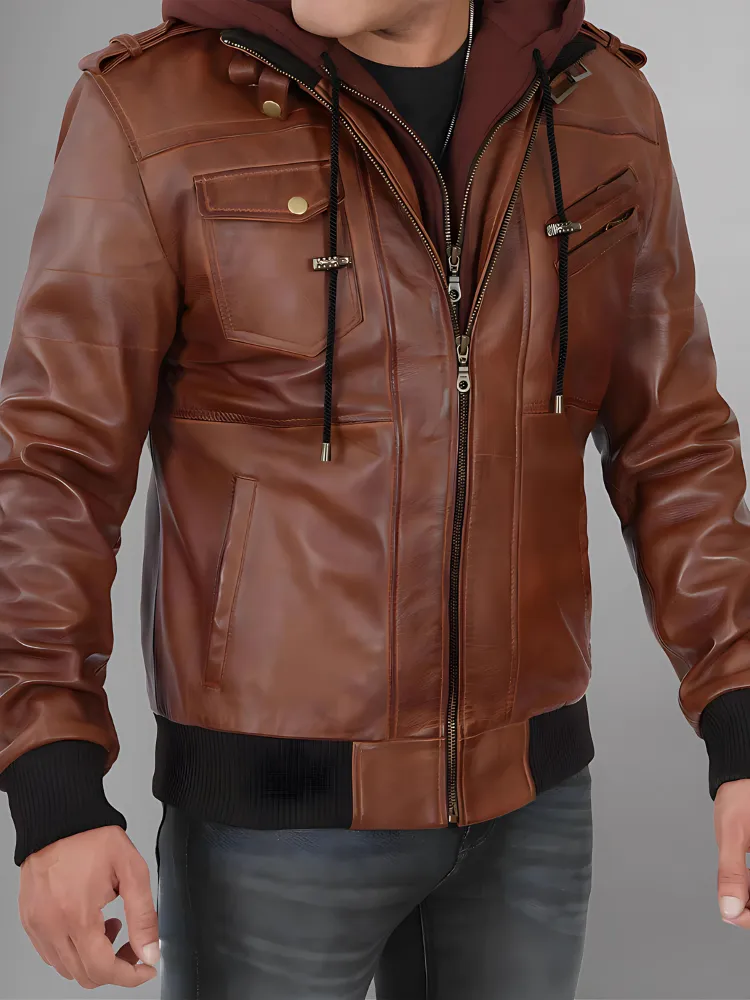 Mens Removable Hood Bomber Leather Jacket