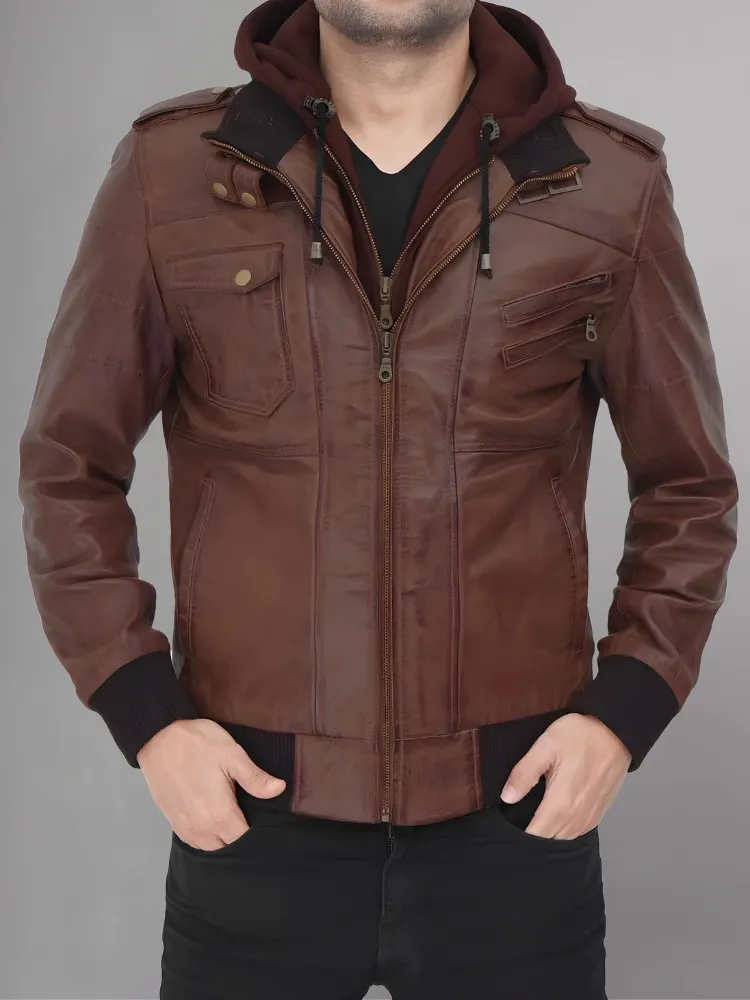 Mens Removable Hood Bomber Leather Jacket