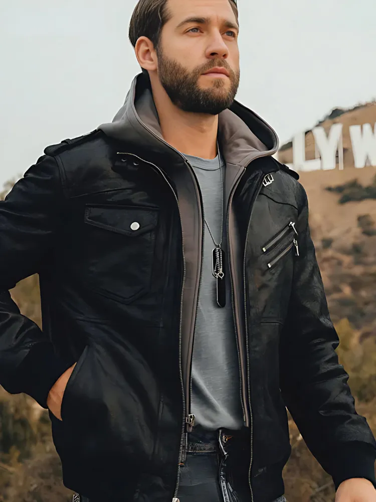 Mens Removable Hood Bomber Leather Jacket