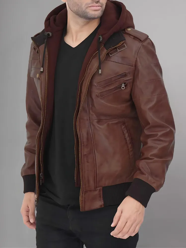 Mens Removable Hood Bomber Leather Jacket