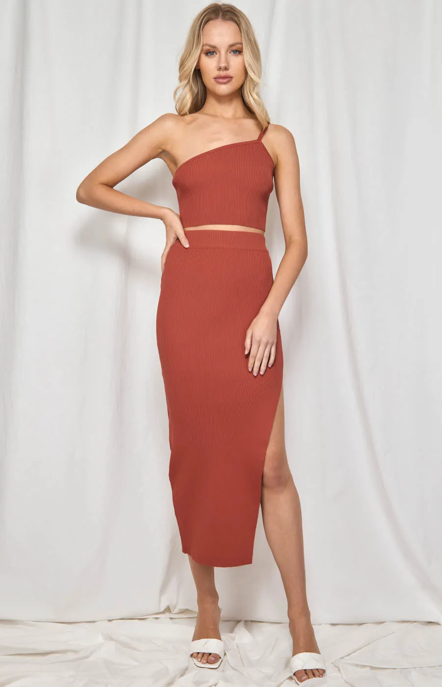 Midi Knit Set with Asymmetrical Neckline Crop & Skirt