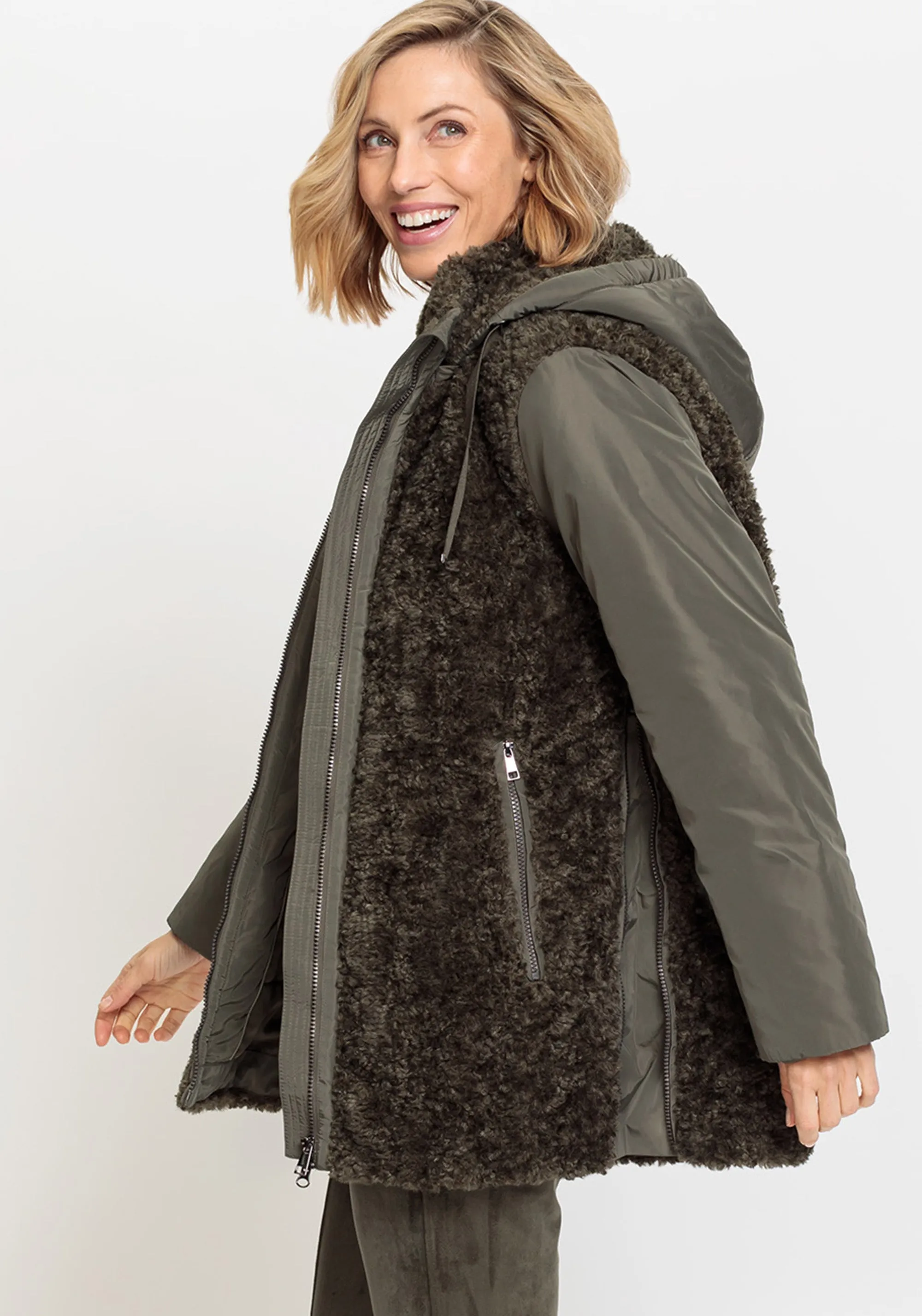 Mixed Media Coat with Removable Hood