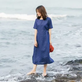 Navy Linen Dresses Short Sleeves O Neck Spring Summer Women Dresses XH9640