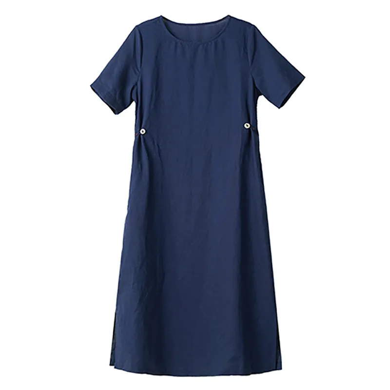 Navy Linen Dresses Short Sleeves O Neck Spring Summer Women Dresses XH9640