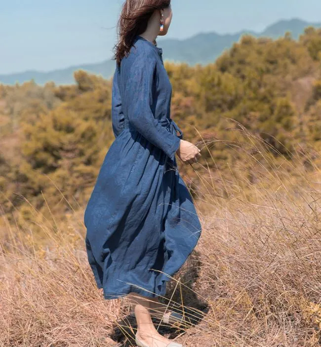 Navy Linen Long Sleeve Autumn Women Shirt Linen Dresses S90921