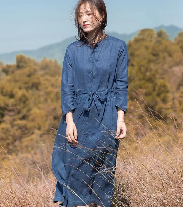 Navy Linen Long Sleeve Autumn Women Shirt Linen Dresses S90921