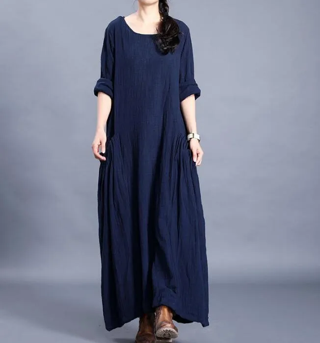 Navy  O Neck Pleated Side Pockets Long Sleeve Print Linen Women Maxi Dresses  LVSG200122