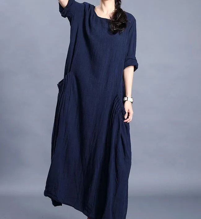 Navy  O Neck Pleated Side Pockets Long Sleeve Print Linen Women Maxi Dresses  LVSG200122