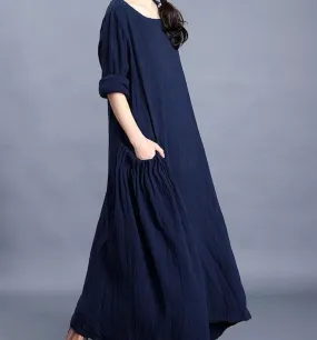 Navy  O Neck Pleated Side Pockets Long Sleeve Print Linen Women Maxi Dresses  LVSG200122