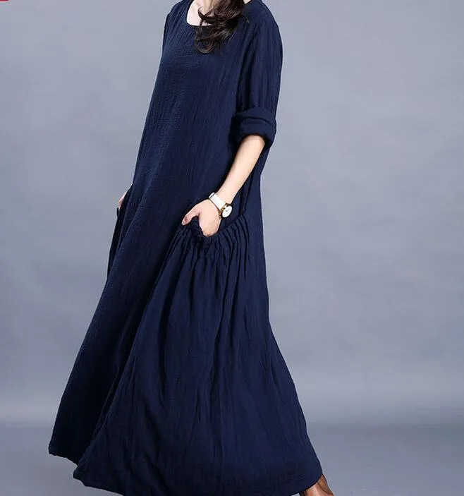 Navy  O Neck Pleated Side Pockets Long Sleeve Print Linen Women Maxi Dresses  LVSG200122